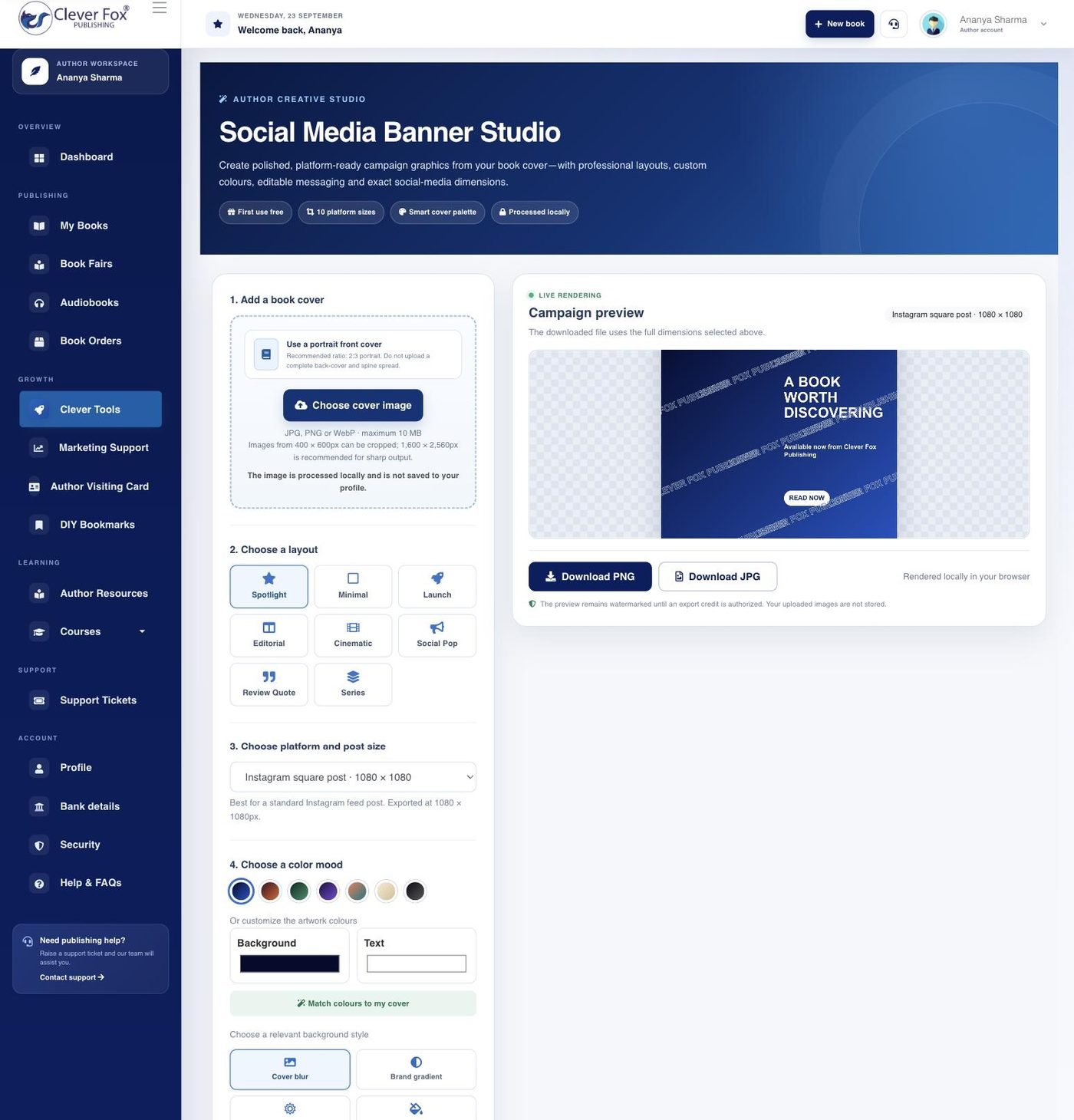 Banner Studio in the Clever Fox author dashboard