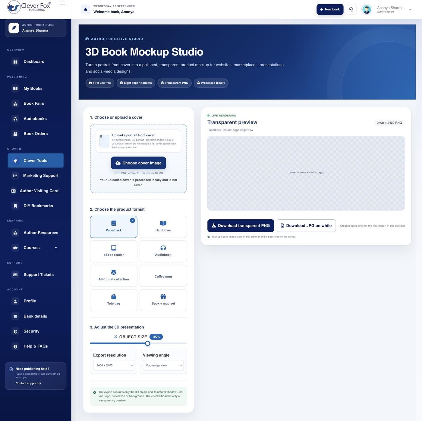 3D Book Mockup Studio in the Clever Fox author dashboard