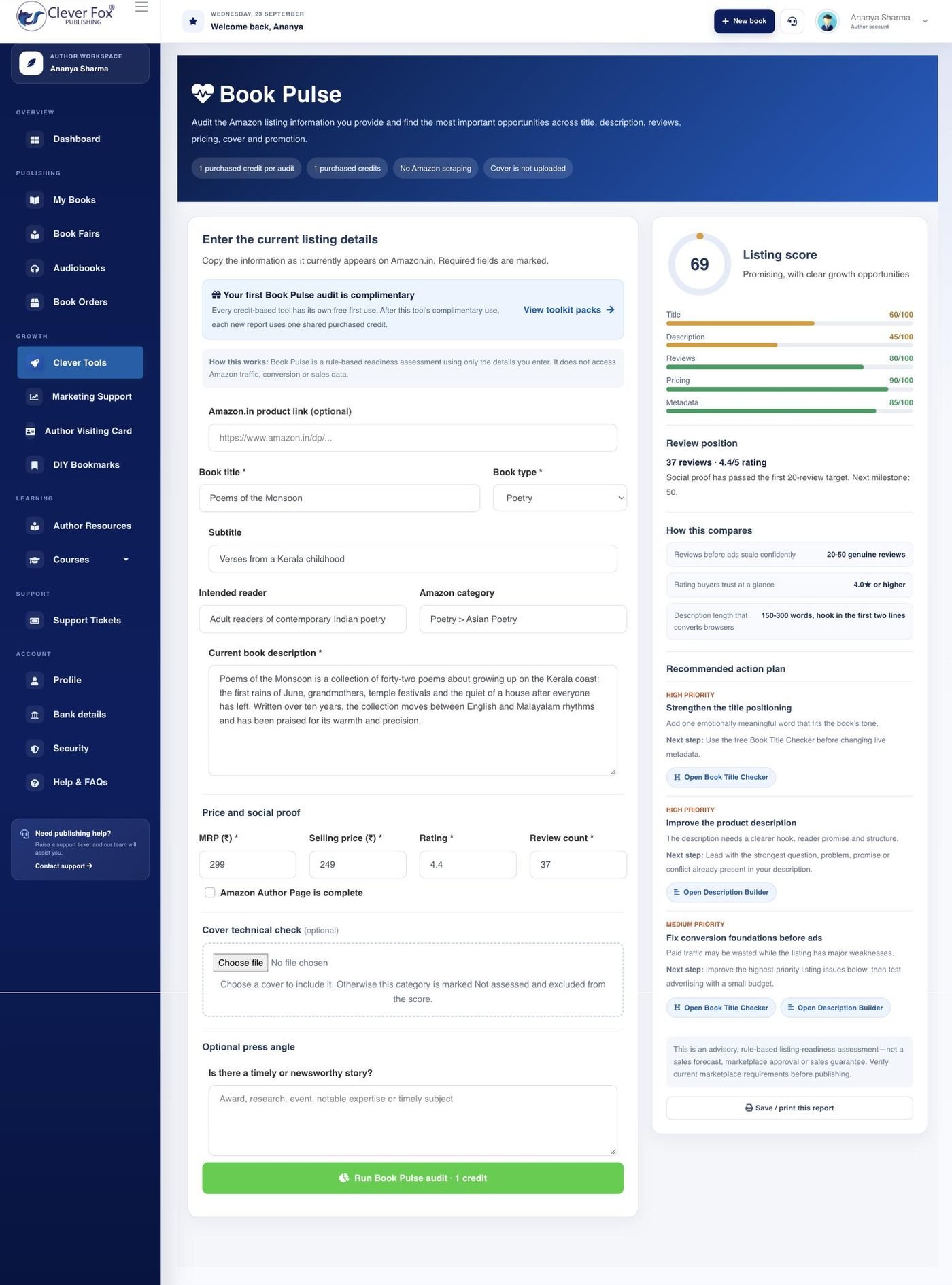Book Pulse in the Clever Fox author dashboard
