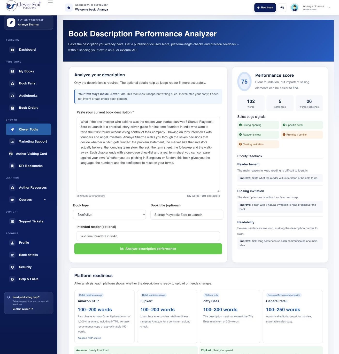 Description Analyzer in the Clever Fox author dashboard