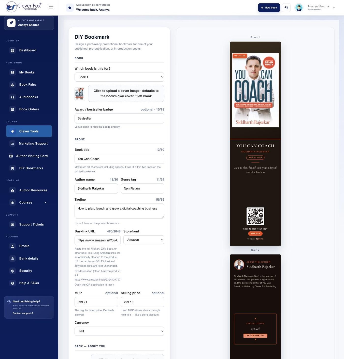DIY Bookmark Design & Print in the Clever Fox author dashboard