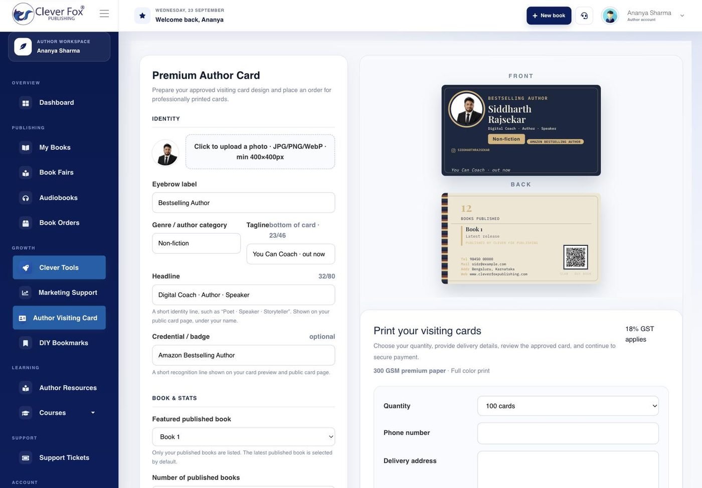 Author Visiting Card in the Clever Fox author dashboard